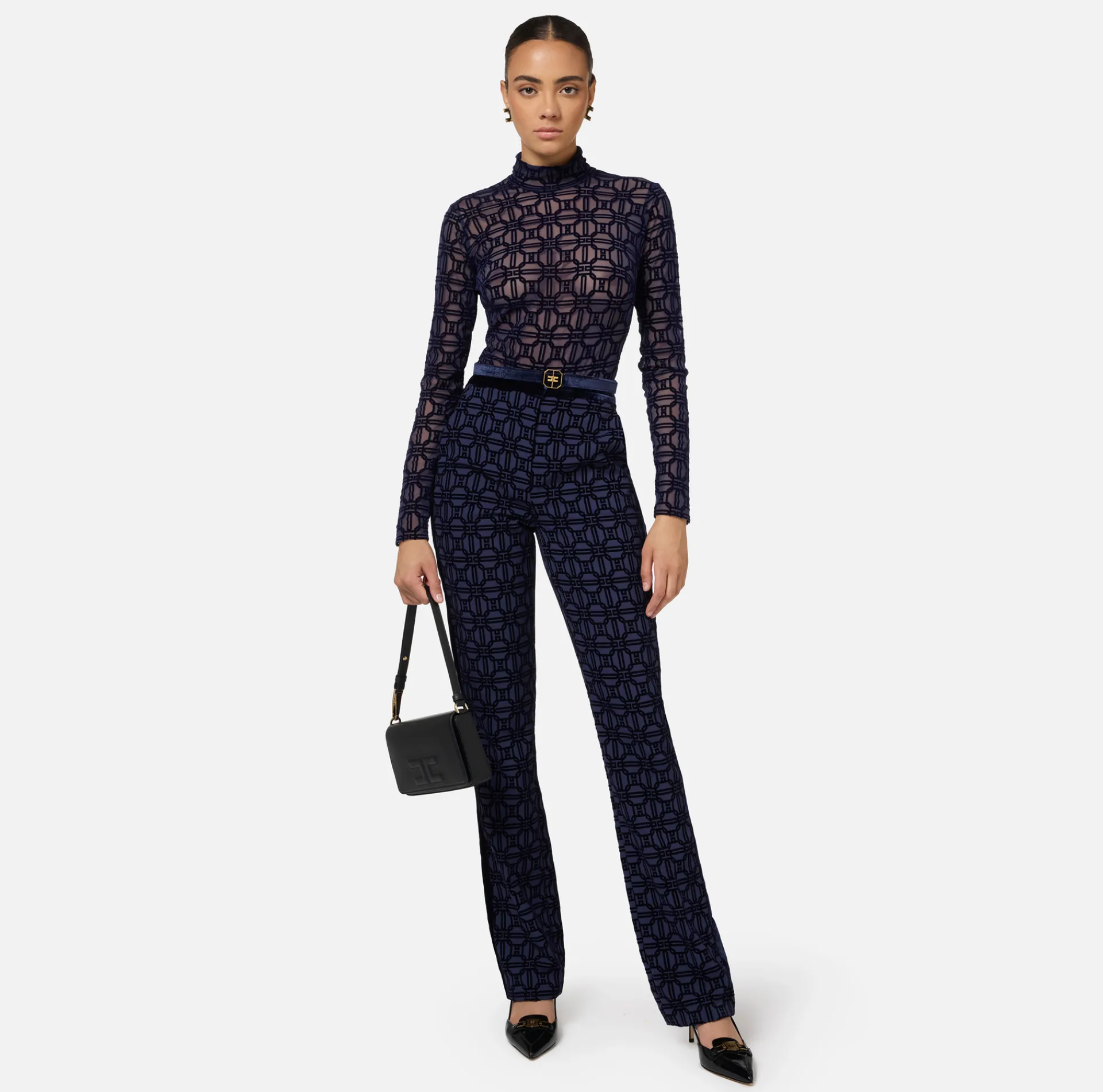 Elisabetta Franchi Trousers And Shorts|Tailleur|Straight trousers in flock crêpe fabric with belt Navy