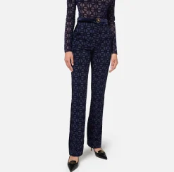 Elisabetta Franchi Trousers And Shorts|Tailleur|Straight trousers in flock crêpe fabric with belt Navy