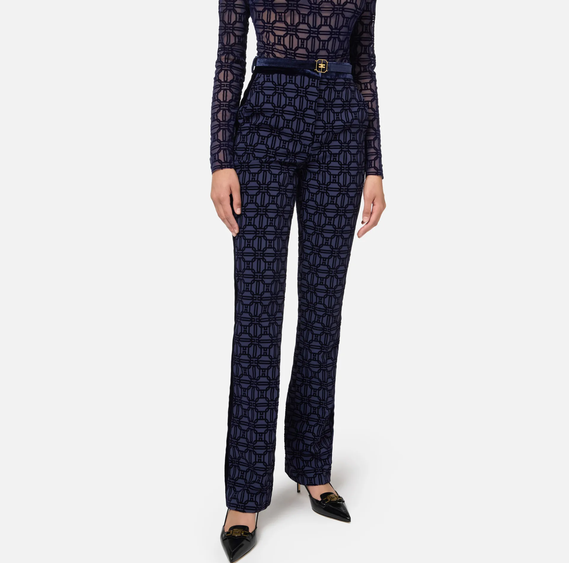Elisabetta Franchi Trousers And Shorts|Tailleur|Straight trousers in flock crêpe fabric with belt Navy