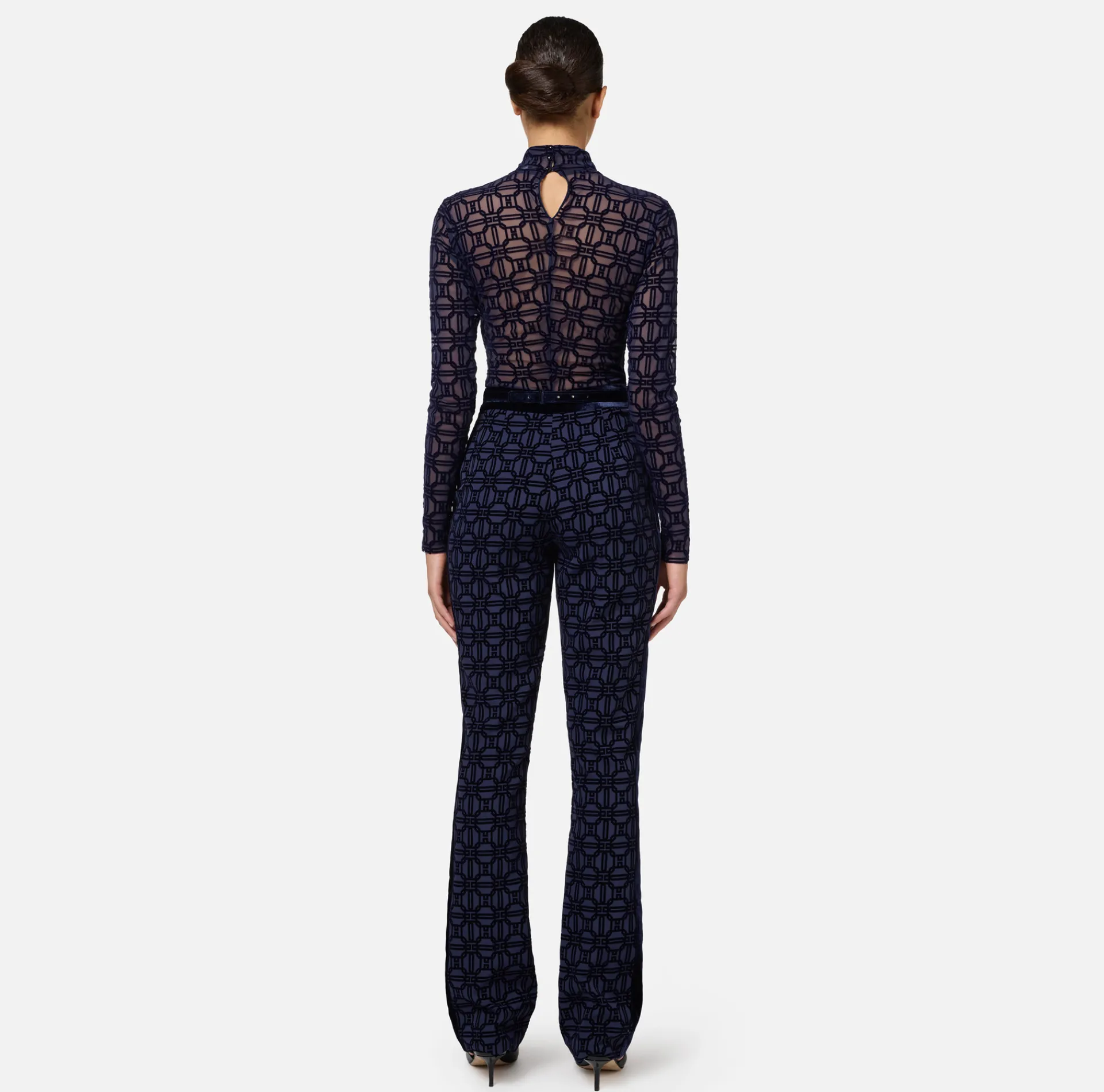 Elisabetta Franchi Trousers And Shorts|Tailleur|Straight trousers in flock crêpe fabric with belt Navy