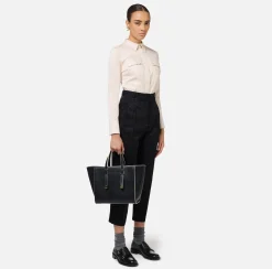 Elisabetta Franchi Trousers And Shorts|Tailleur|Straight trousers in jacquard crêpe fabric with lettering Black