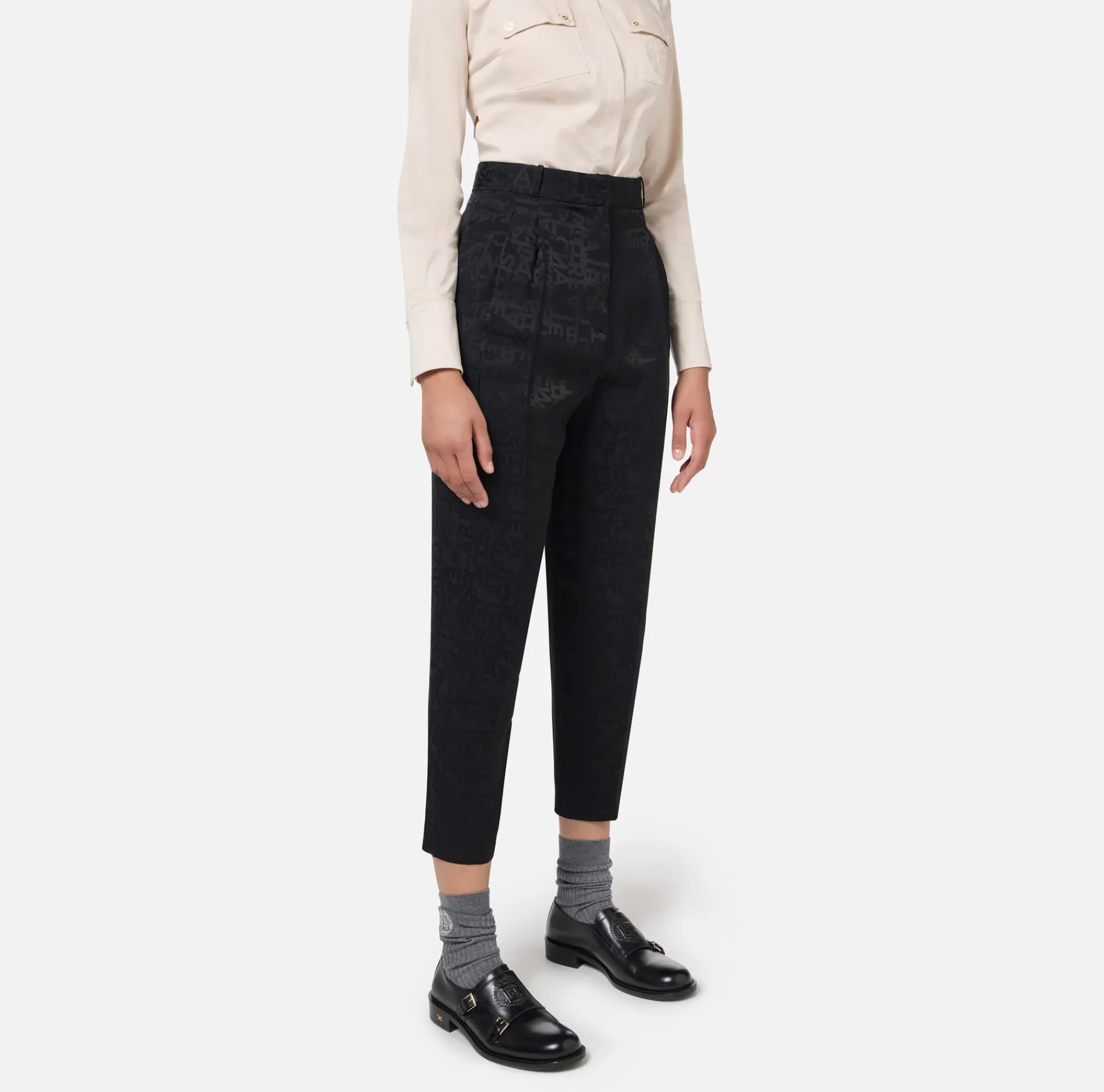 Elisabetta Franchi Trousers And Shorts|Tailleur|Straight trousers in jacquard crêpe fabric with lettering Black