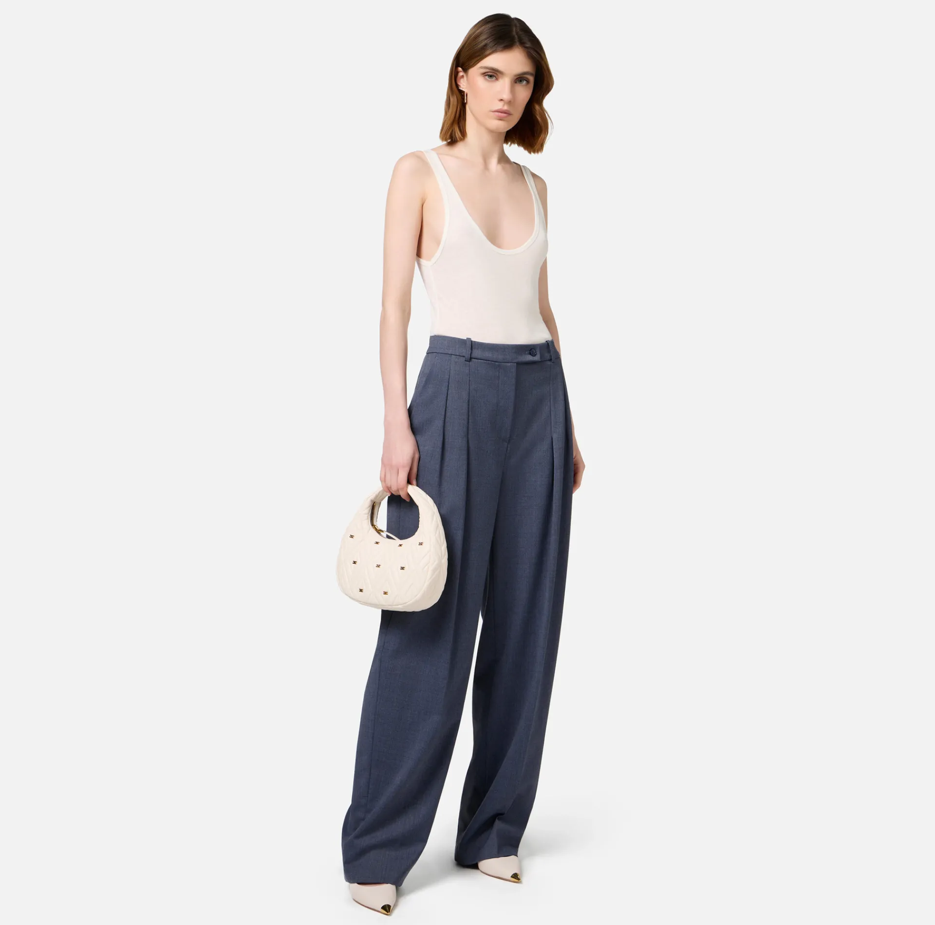 Elisabetta Franchi Trousers And Shorts|Tailleur|Straight trousers in melange cool wool fabric with double darts Navy