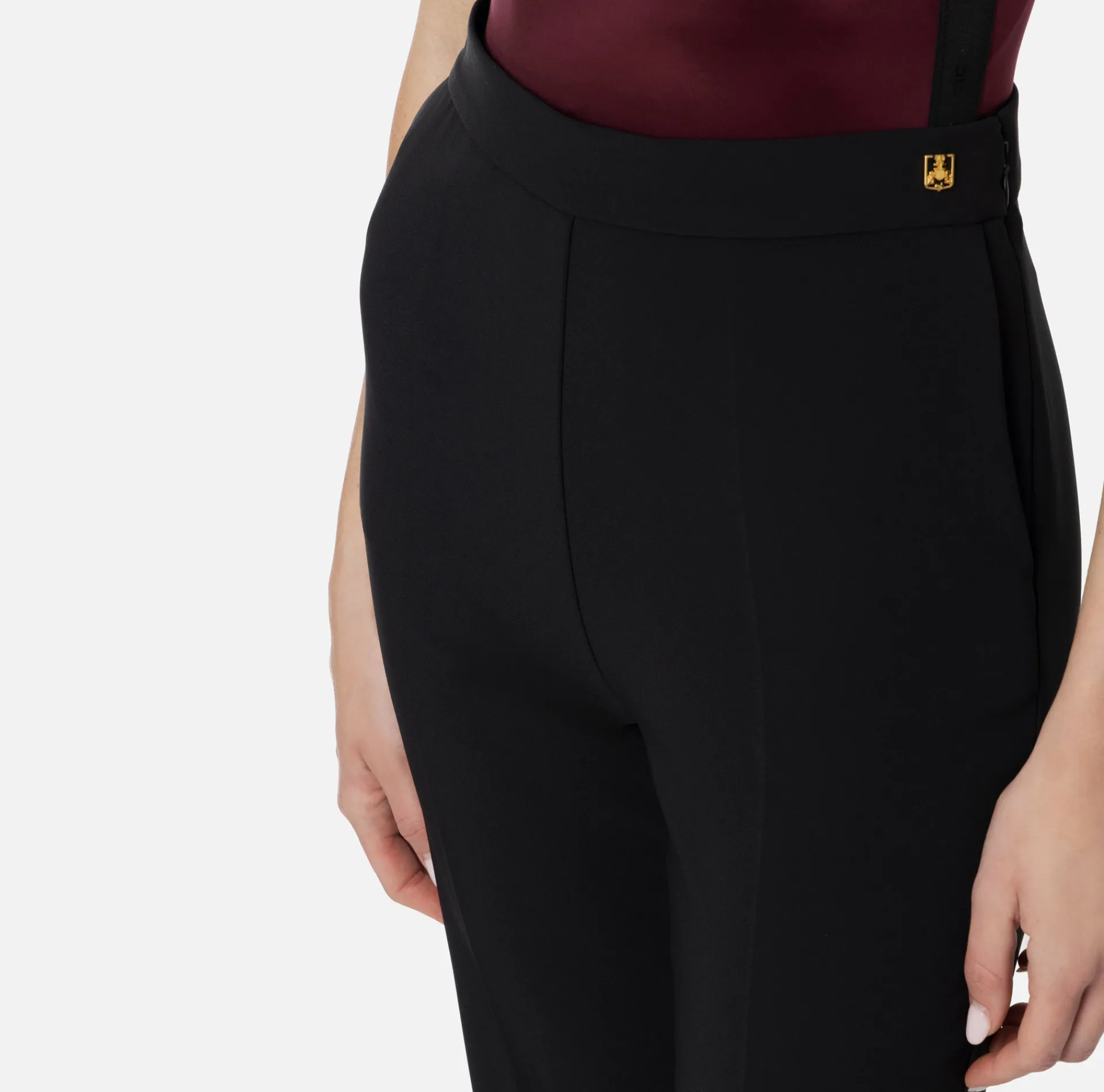 Elisabetta Franchi Trousers And Shorts|Tailleur|Straight trousers in stretch crêpe fabric with logo rivet Black