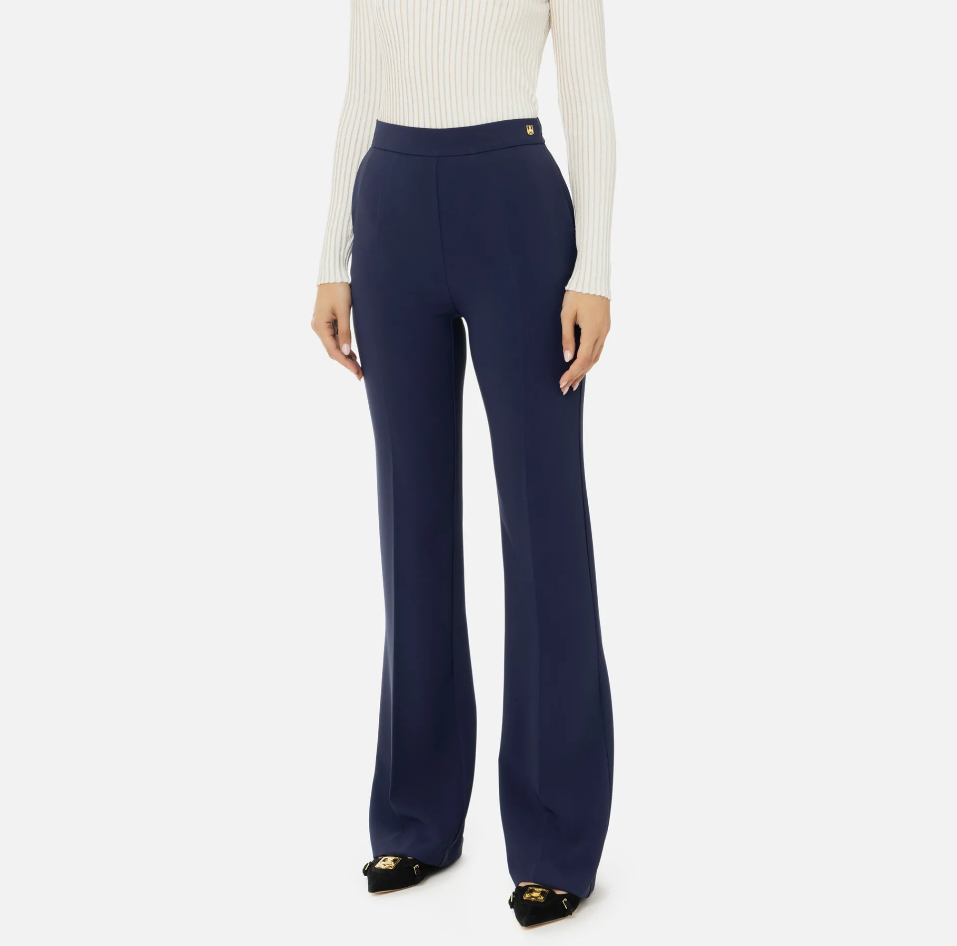 Elisabetta Franchi Trousers And Shorts|Tailleur|Straight trousers in stretch crêpe fabric with logo rivet Navy