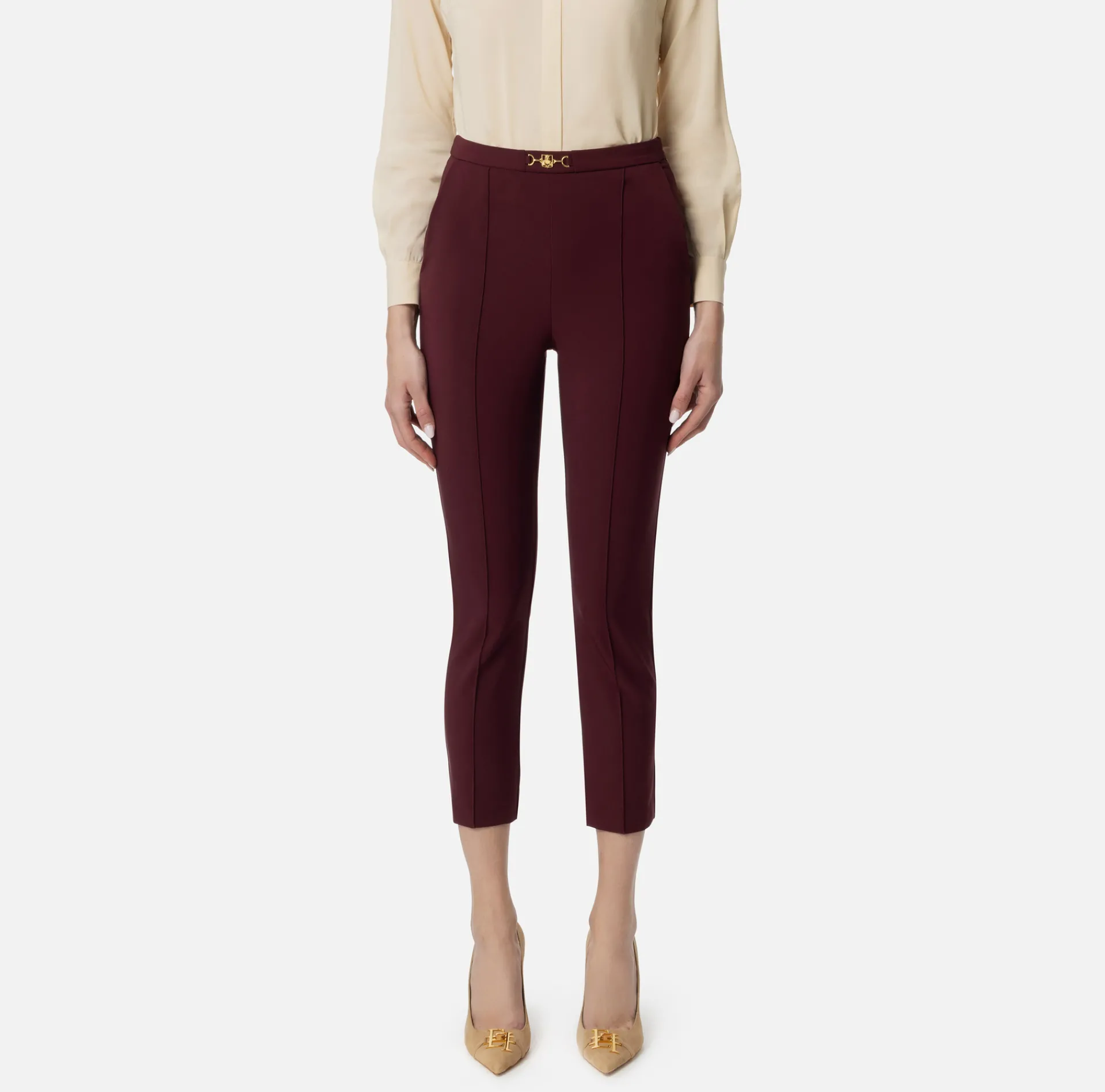Elisabetta Franchi Trousers And Shorts|Straight trousers in technical fabric with horsebit RougeNoir