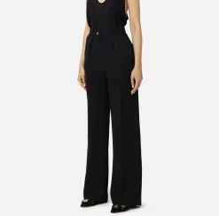 Elisabetta Franchi Trousers And Shorts|Straight trousers in woven crêpe fabric with emblem rivet Black
