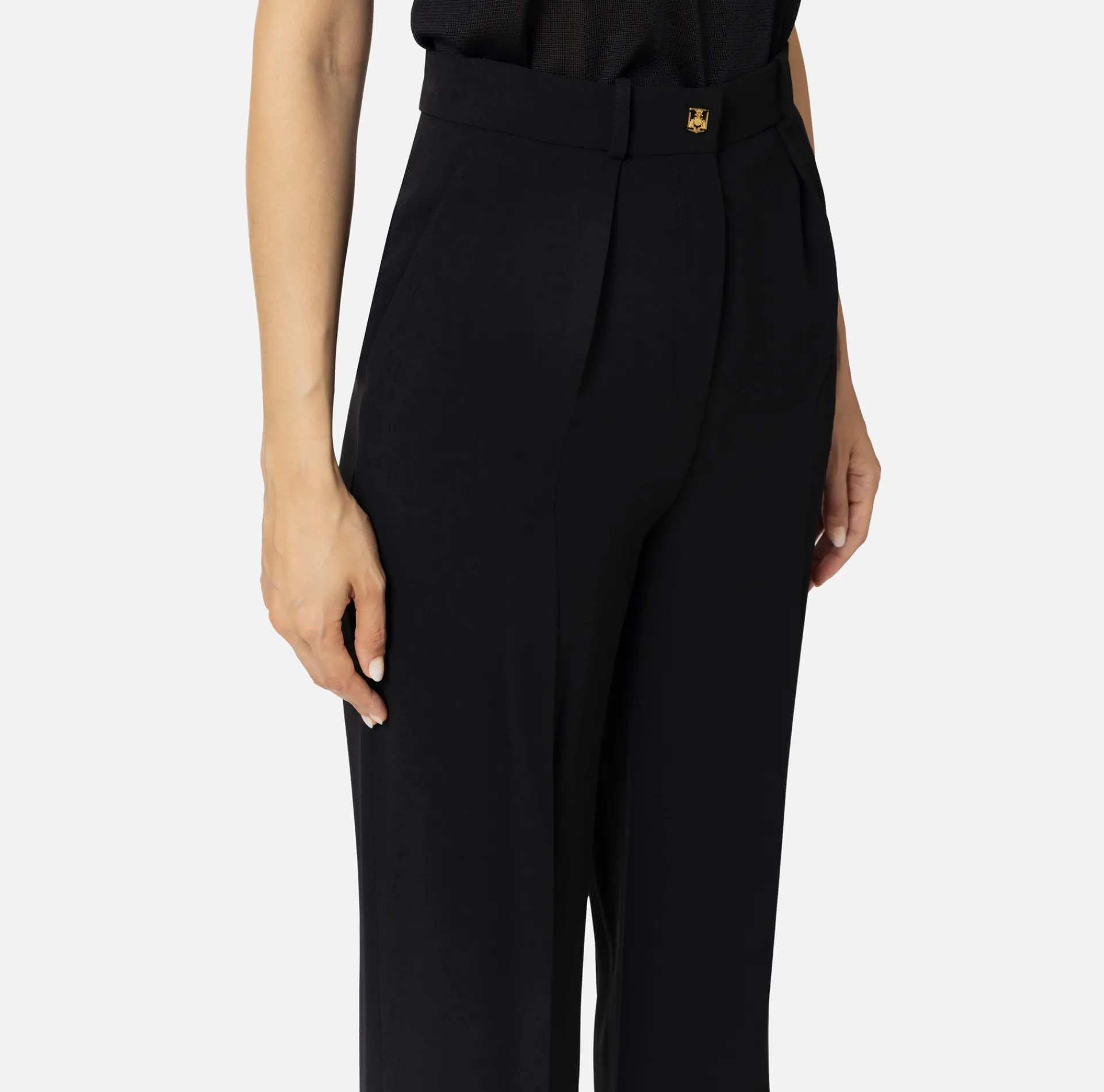Elisabetta Franchi Trousers And Shorts|Straight trousers in woven crêpe fabric with emblem rivet Black