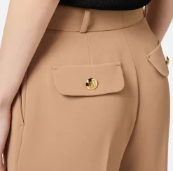 Elisabetta Franchi Trousers And Shorts|Straight trousers in woven crêpe fabric with emblem rivet Camel