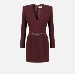 Elisabetta Franchi Mini Dresses|Dresses|Stretch cool wool mini-dress with belt RougeNoir