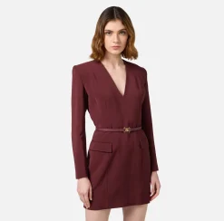 Elisabetta Franchi Mini Dresses|Dresses|Stretch cool wool mini-dress with belt RougeNoir