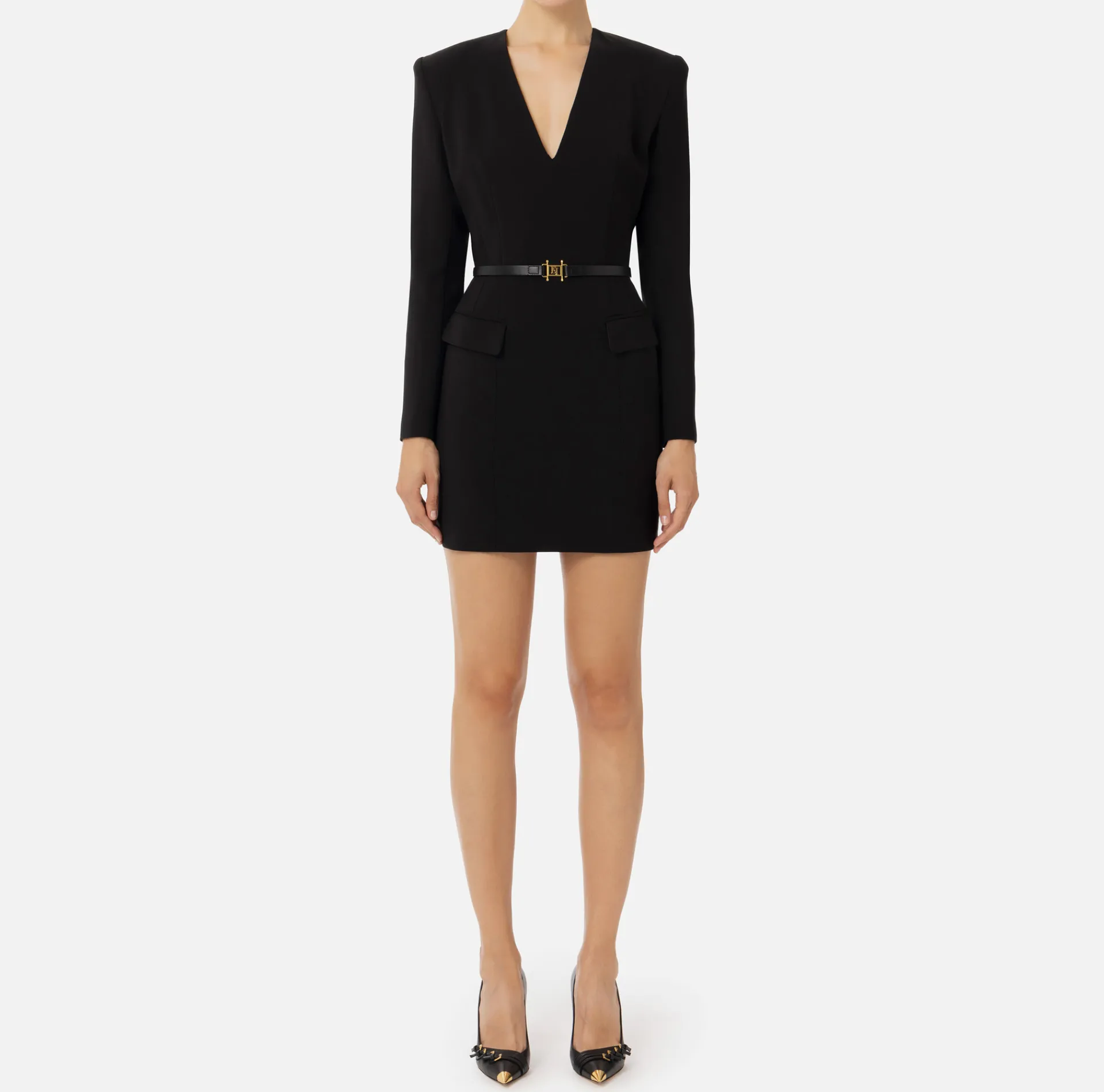 Elisabetta Franchi Mini Dresses|Dresses|Stretch cool wool mini-dress with belt Black
