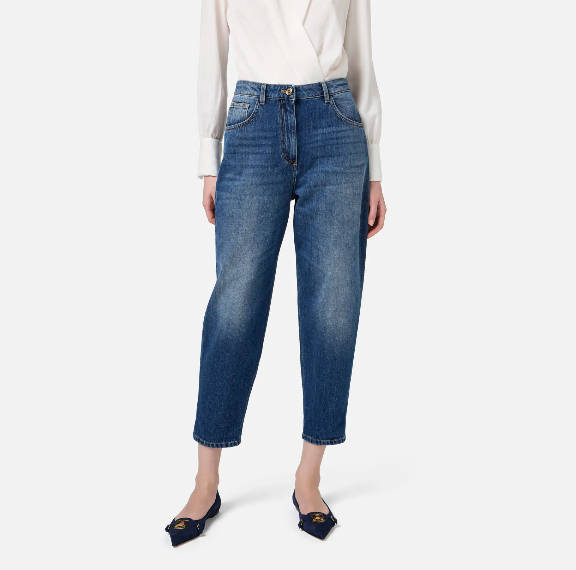 Elisabetta Franchi Jeans|Stretch cotton boyfriend jeans with turn-ups DenimBlue