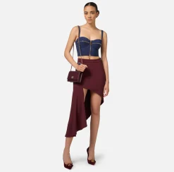 Elisabetta Franchi Skirts|Stretch crêpe asymmetric skirt with bands and logo embroidery Gold