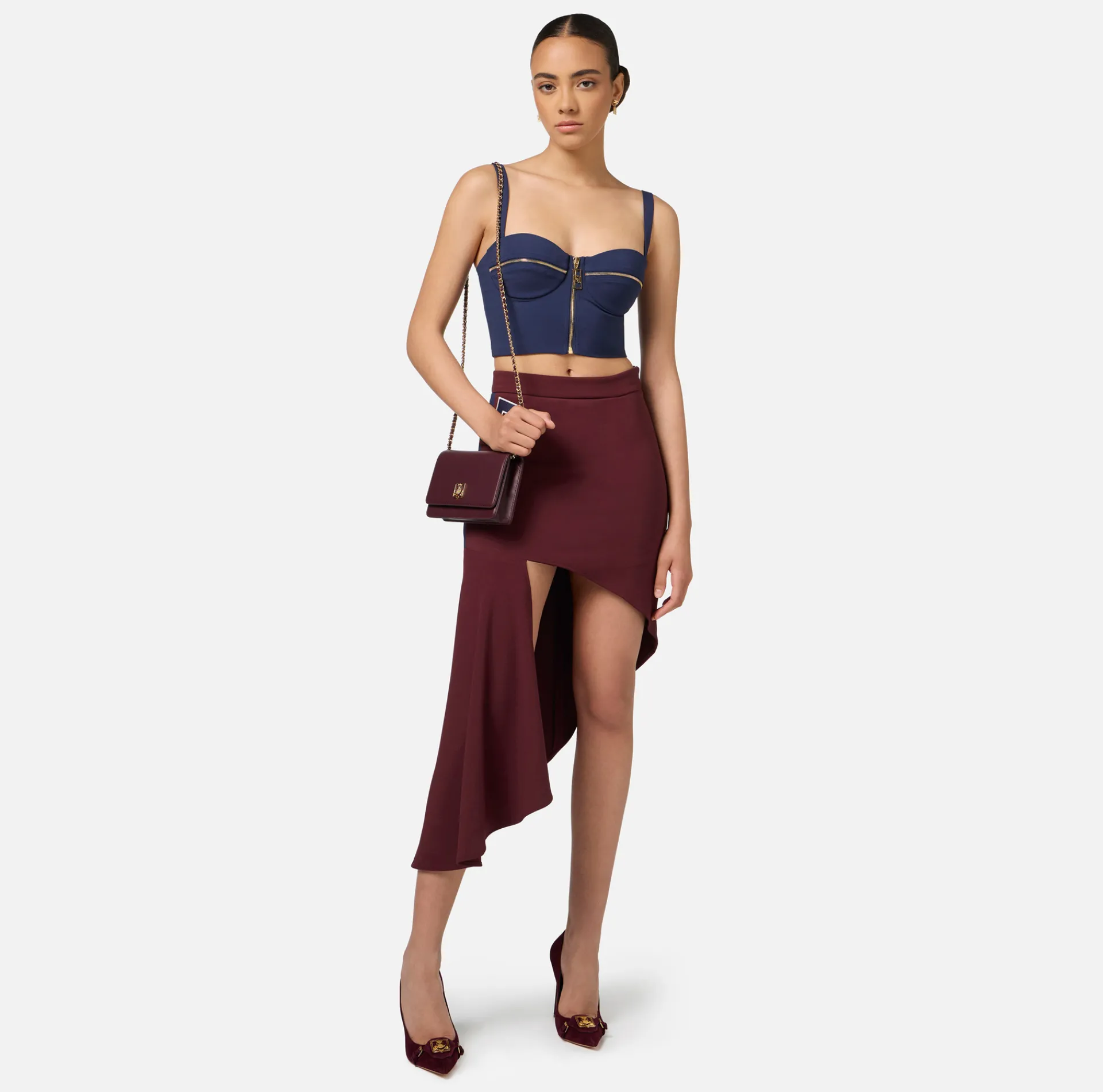 Elisabetta Franchi Skirts|Stretch crêpe asymmetric skirt with bands and logo embroidery Gold