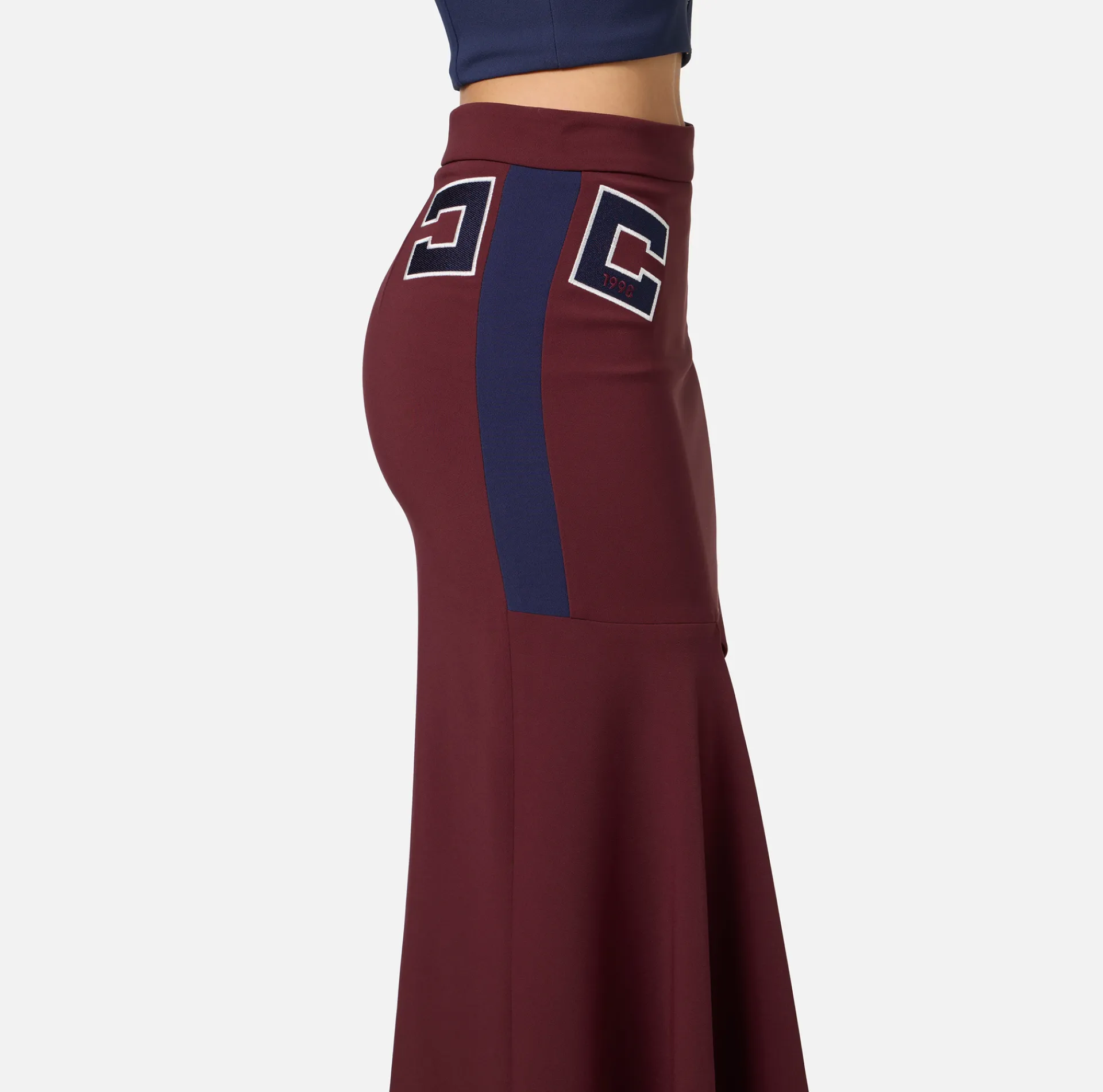 Elisabetta Franchi Skirts|Stretch crêpe asymmetric skirt with bands and logo embroidery Gold