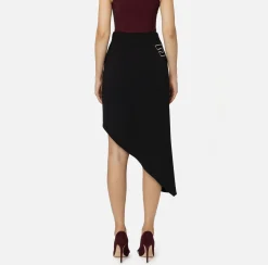 Elisabetta Franchi Skirts|Stretch crêpe asymmetric skirt with bands and logo embroidery Black/Butter