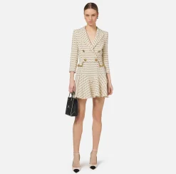 Elisabetta Franchi Mini Dresses|Coat Dresses|Stretch crêpe coat dress with diamond print and chain Butter/Black