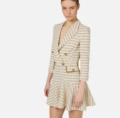 Elisabetta Franchi Mini Dresses|Coat Dresses|Stretch crêpe coat dress with diamond print and chain Butter/Black