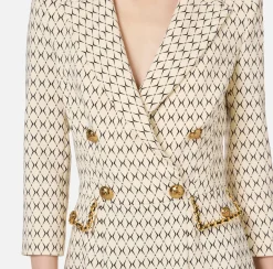 Elisabetta Franchi Mini Dresses|Coat Dresses|Stretch crêpe coat dress with diamond print and chain Butter/Black