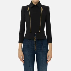 Elisabetta Franchi Jackets And Trench Coats|Tailleur|Stretch crêpe jacket with peplum and zip Black
