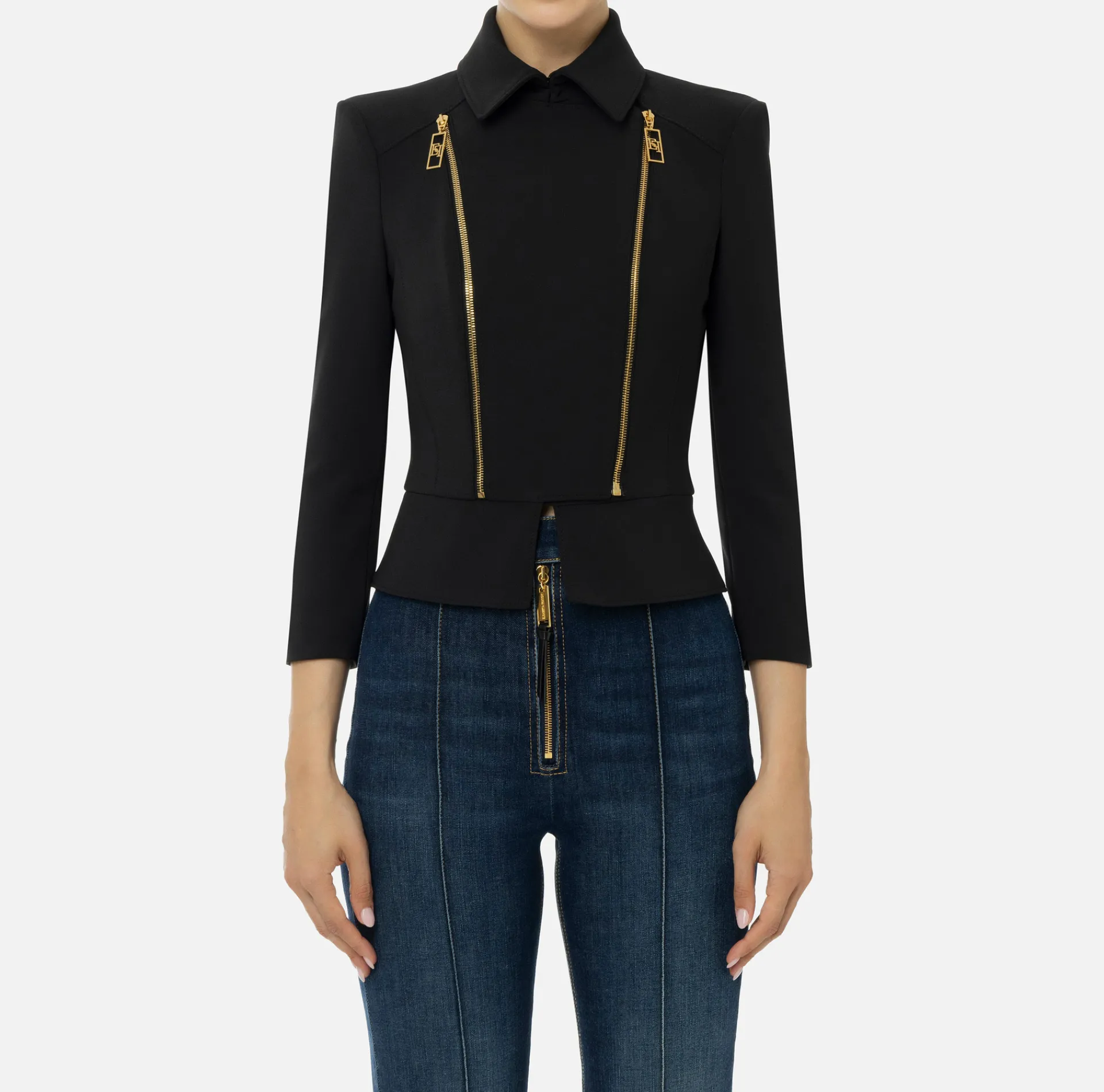 Elisabetta Franchi Jackets And Trench Coats|Tailleur|Stretch crêpe jacket with peplum and zip Black