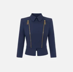 Elisabetta Franchi Jackets And Trench Coats|Tailleur|Stretch crêpe jacket with peplum and zip Navy