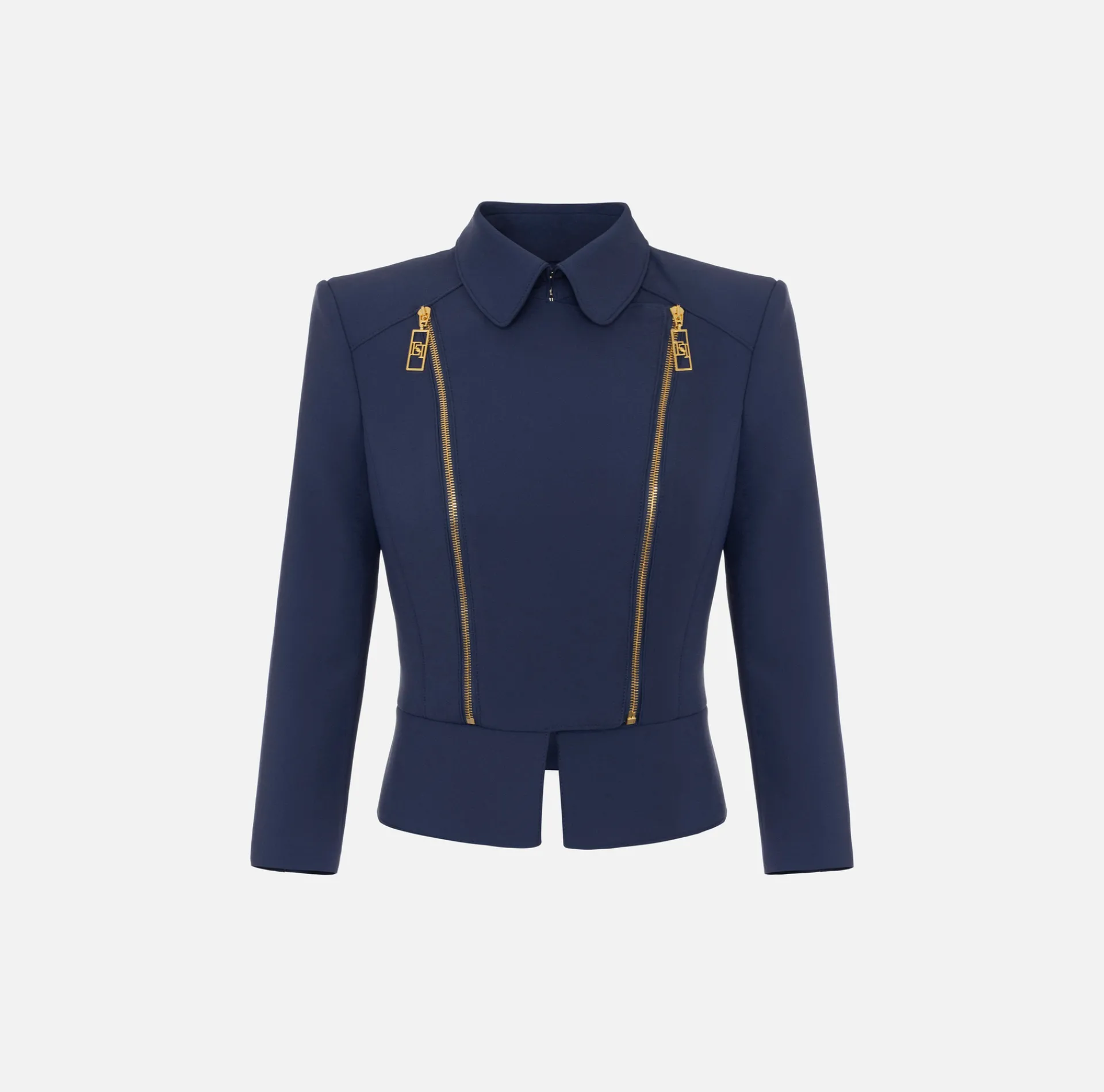 Elisabetta Franchi Jackets And Trench Coats|Tailleur|Stretch crêpe jacket with peplum and zip Navy