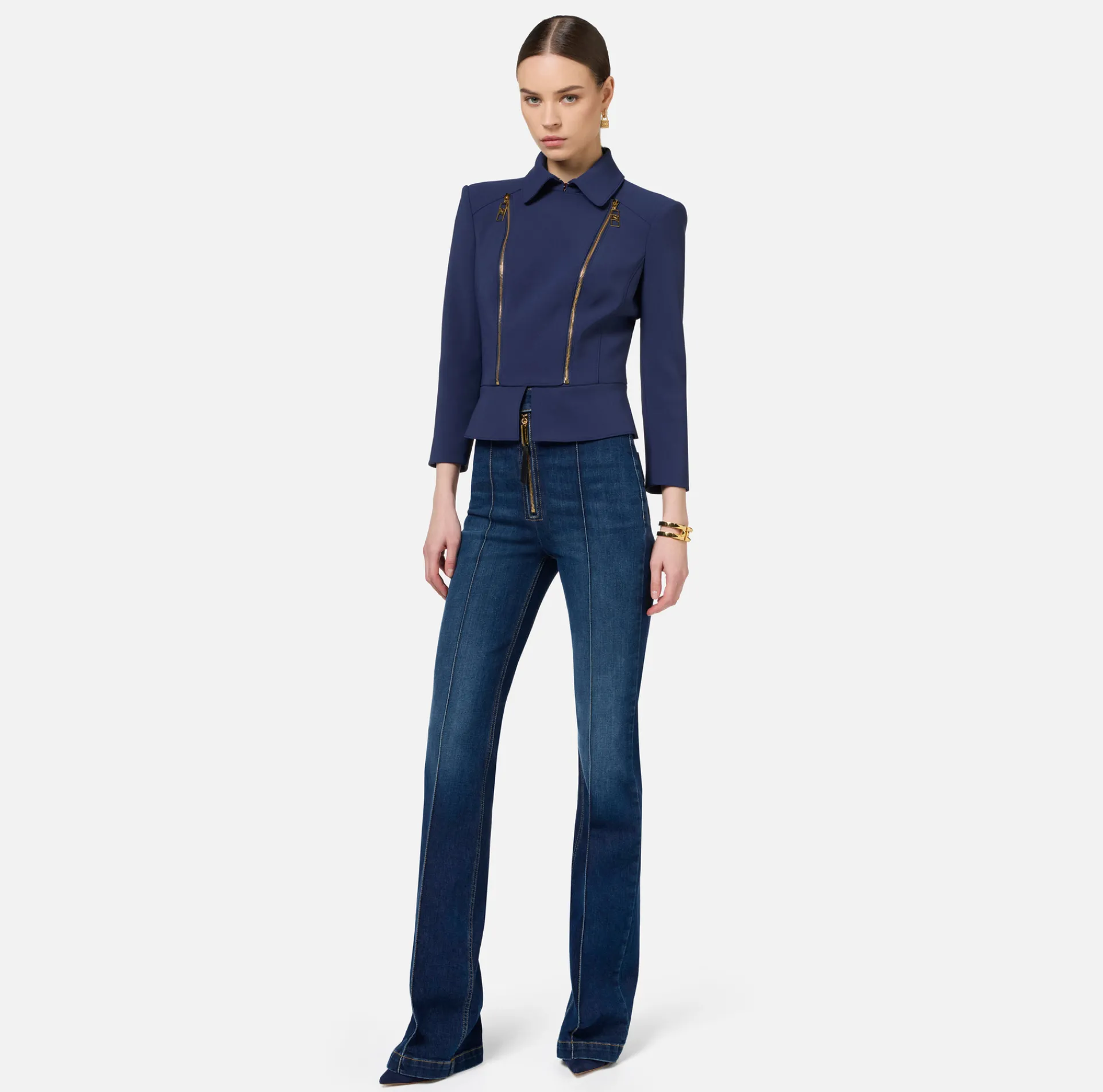 Elisabetta Franchi Jackets And Trench Coats|Tailleur|Stretch crêpe jacket with peplum and zip Navy