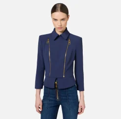Elisabetta Franchi Jackets And Trench Coats|Tailleur|Stretch crêpe jacket with peplum and zip Navy
