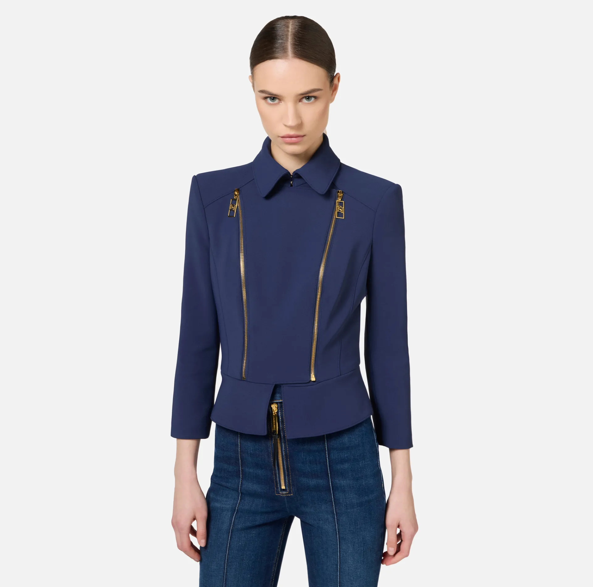 Elisabetta Franchi Jackets And Trench Coats|Tailleur|Stretch crêpe jacket with peplum and zip Navy