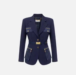 Elisabetta Franchi Jackets And Trench Coats|Tailleur|Stretch crêpe jacket with belt and pockets Navy