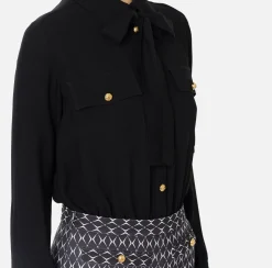Elisabetta Franchi Jumpsuits|Stretch crêpe jumpsuit with diamond print and bow Black/Butter