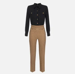 Elisabetta Franchi Jumpsuits|Stretch crêpe jumpsuit with diamond print and bow Camel/Black