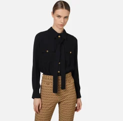 Elisabetta Franchi Jumpsuits|Stretch crêpe jumpsuit with diamond print and bow Camel/Black