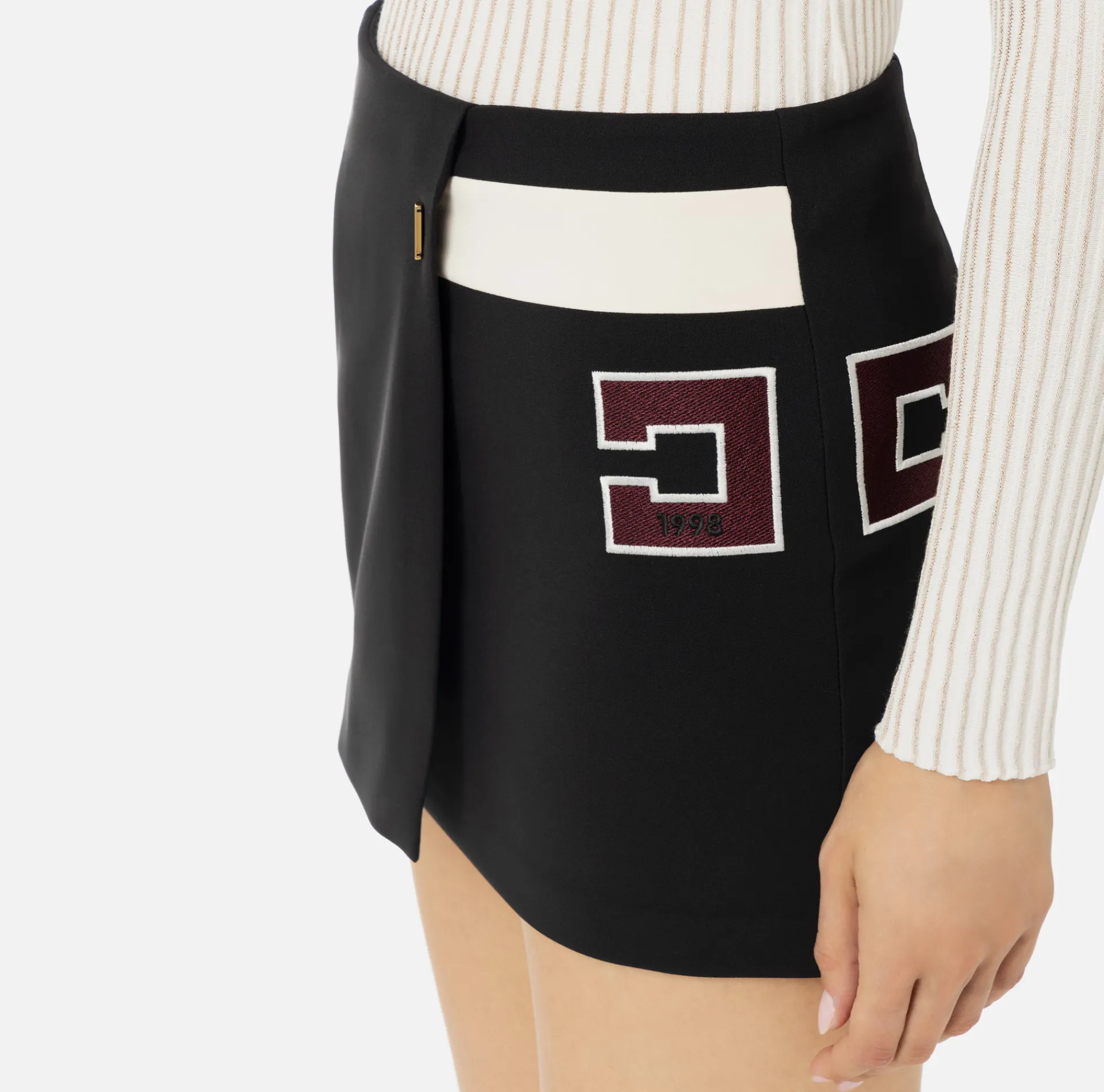 Elisabetta Franchi Skirts|Stretch crêpe miniskirt with band and logo embroidery Black/Butter