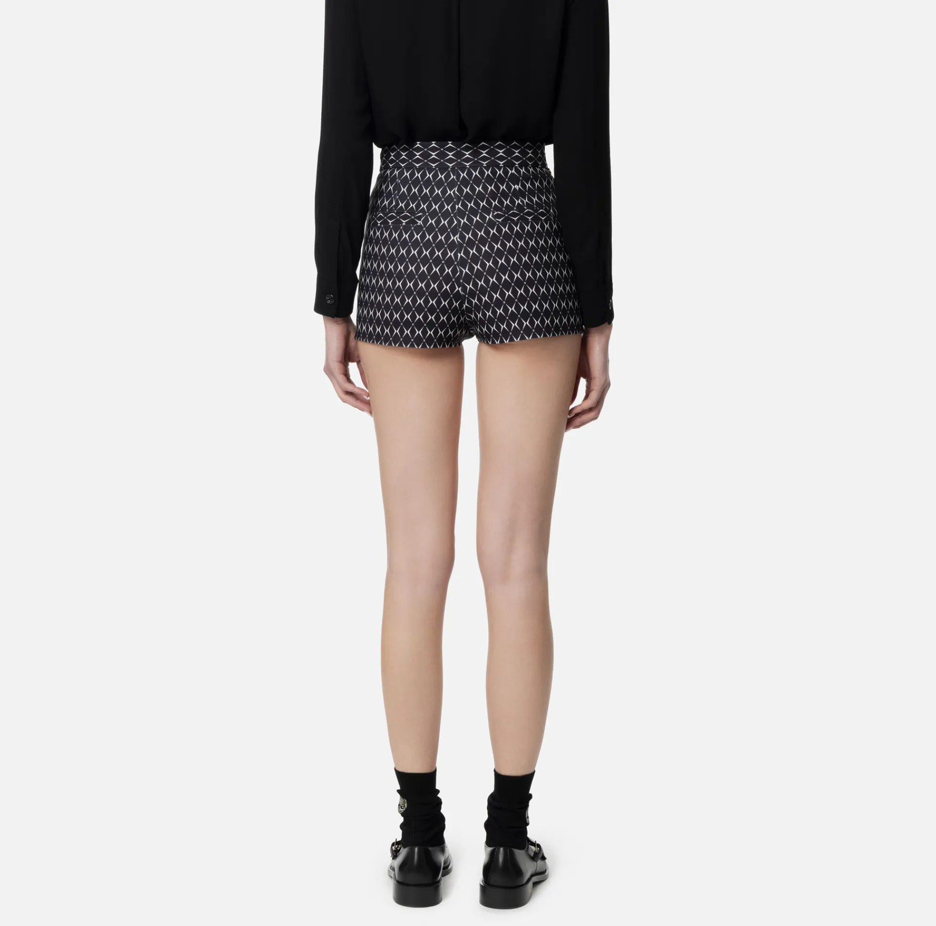 Elisabetta Franchi Trousers And Shorts|Stretch crêpe shorts with diamond print and chain Black/Butter
