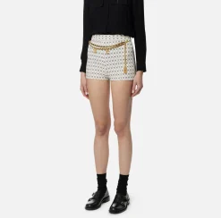Elisabetta Franchi Trousers And Shorts|Stretch crêpe shorts with diamond print and chain Butter/Black