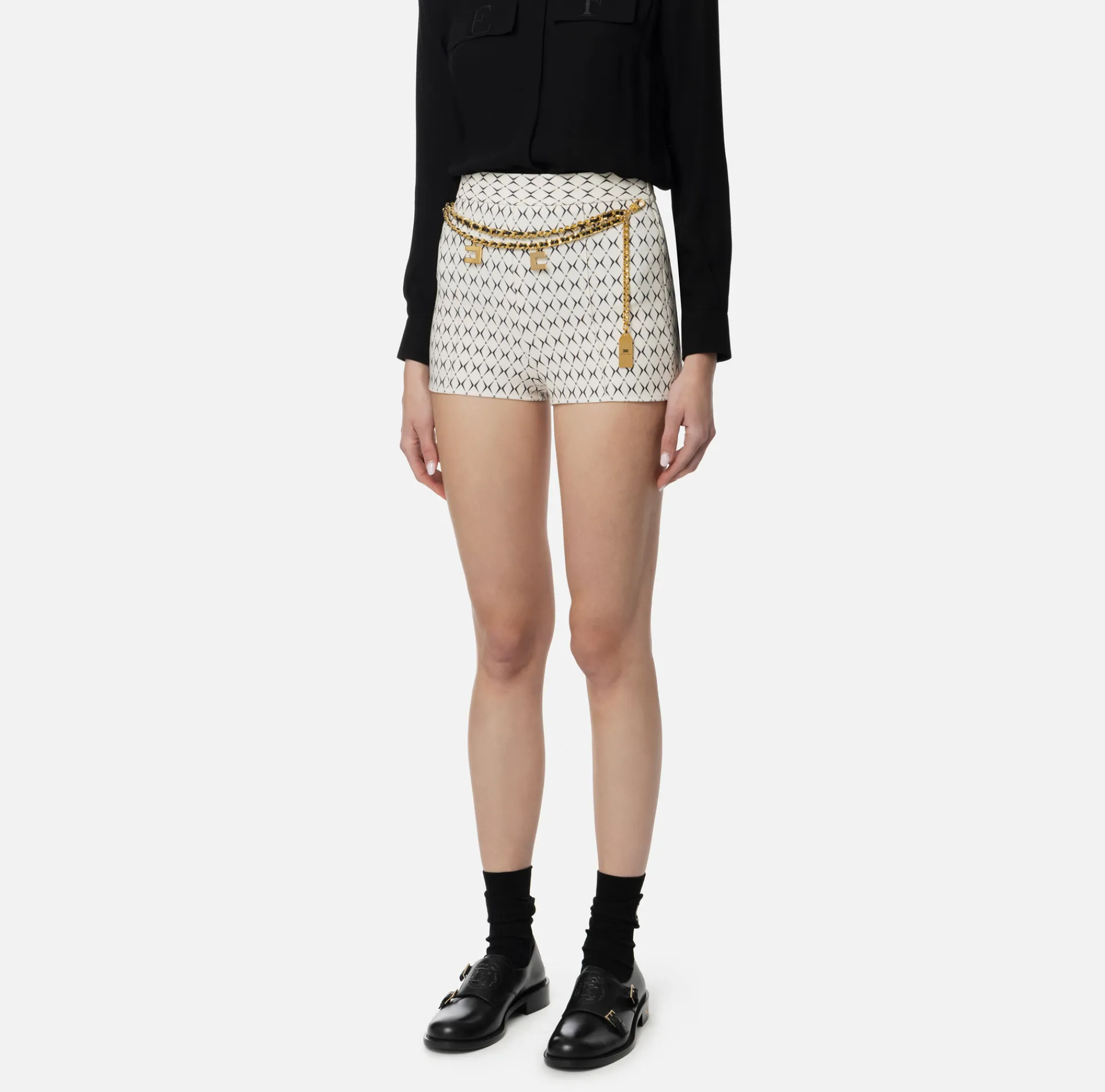 Elisabetta Franchi Trousers And Shorts|Stretch crêpe shorts with diamond print and chain Butter/Black