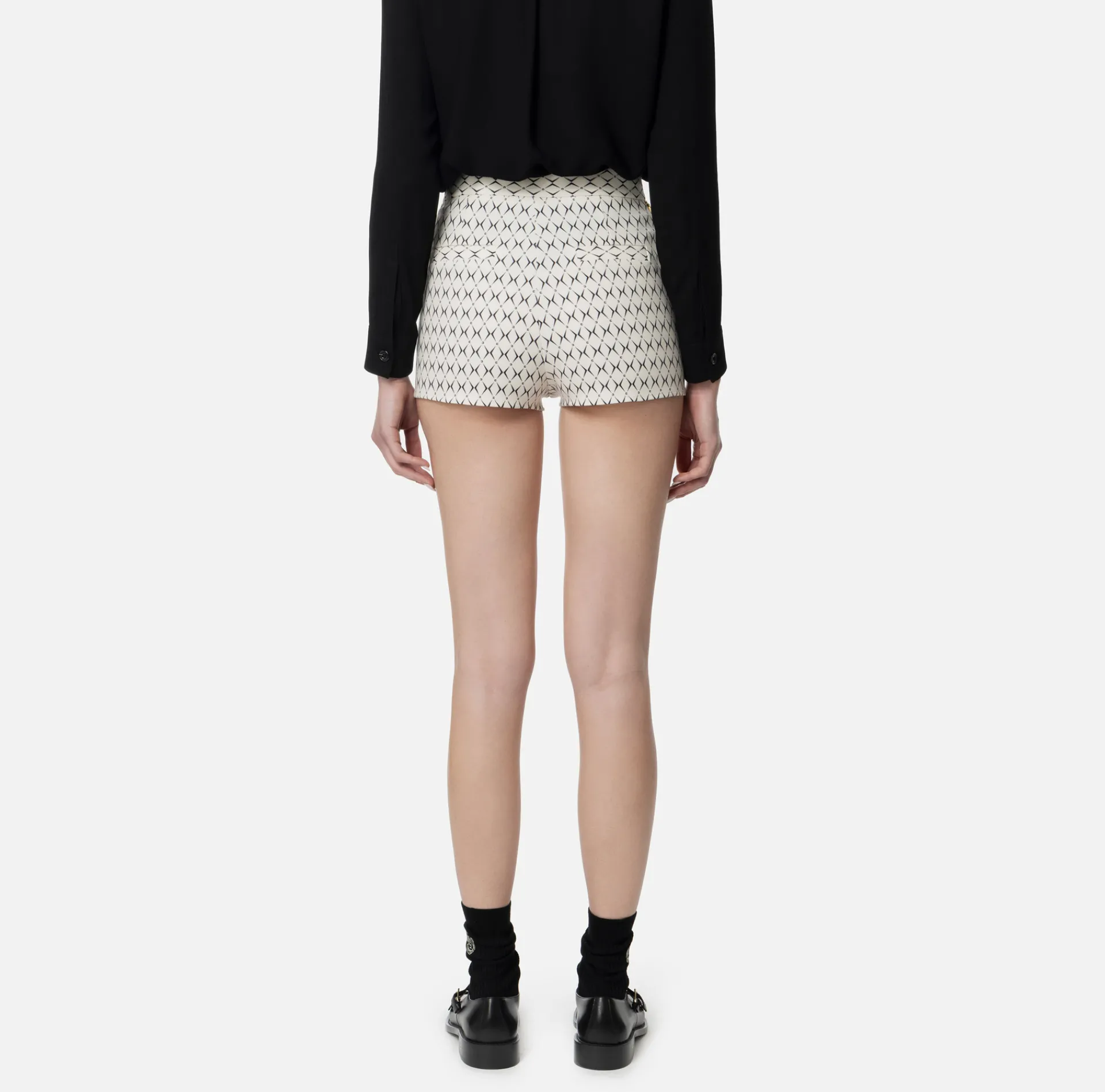 Elisabetta Franchi Trousers And Shorts|Stretch crêpe shorts with diamond print and chain Butter/Black