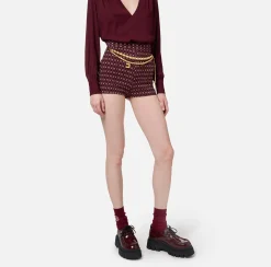 Elisabetta Franchi Trousers And Shorts|Stretch crêpe shorts with diamond print and chain RougeNoir/Butter