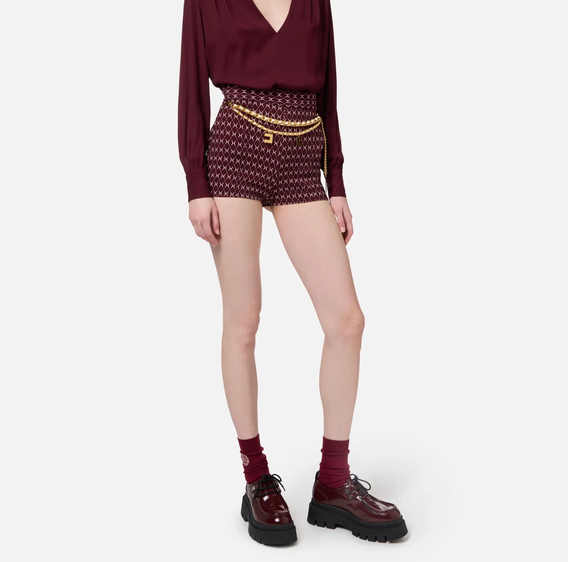 Elisabetta Franchi Trousers And Shorts|Stretch crêpe shorts with diamond print and chain RougeNoir/Butter