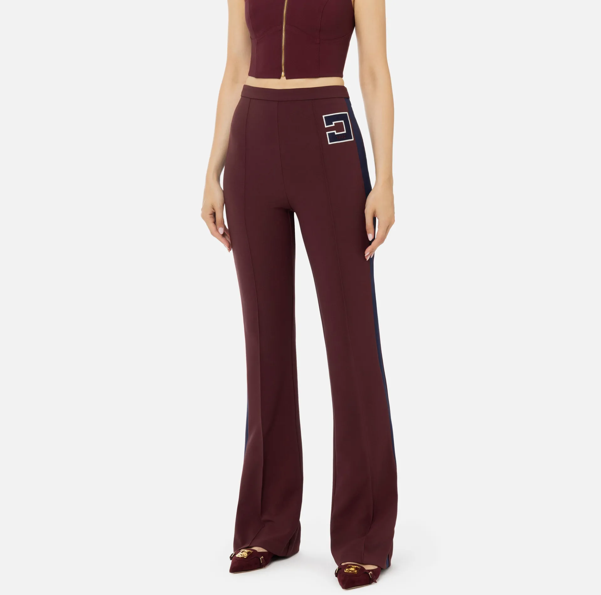 Elisabetta Franchi Trousers And Shorts|Stretch crêpe straight trousers with bands and logo embroidery Gold
