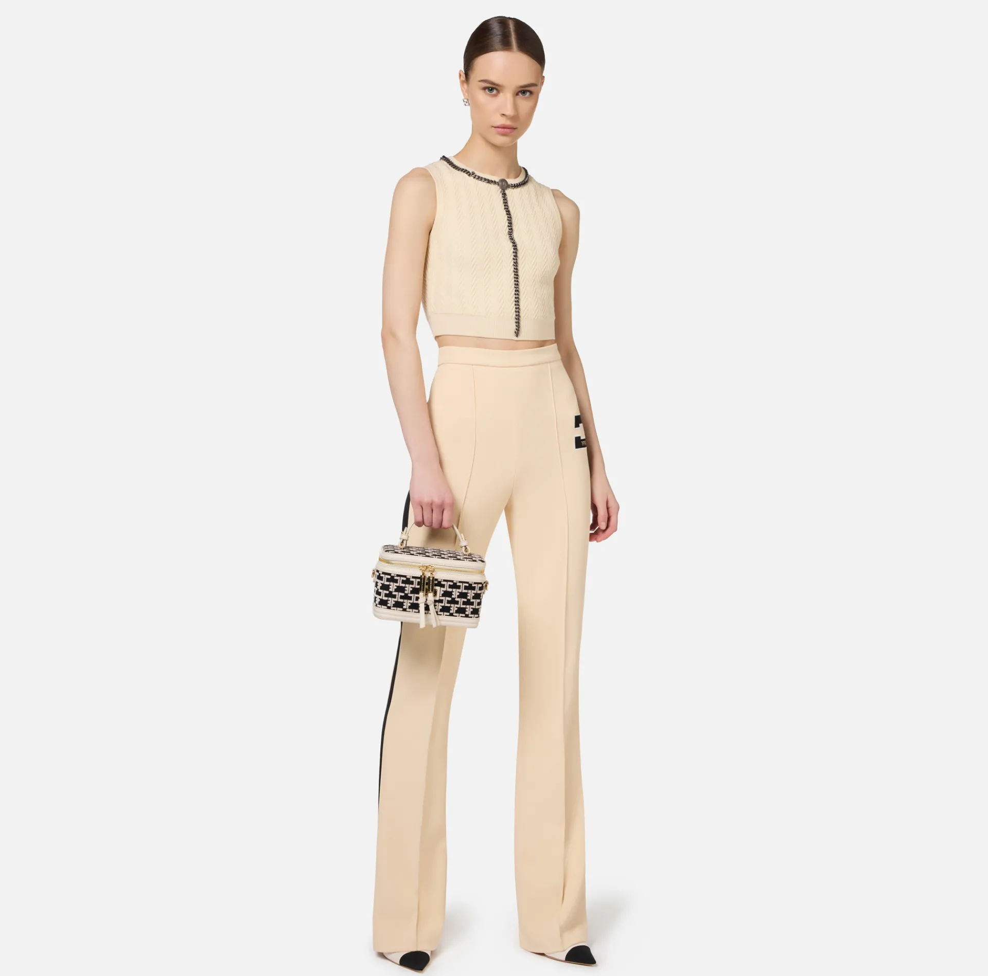 Elisabetta Franchi Trousers And Shorts|Stretch crêpe straight trousers with bands and logo embroidery