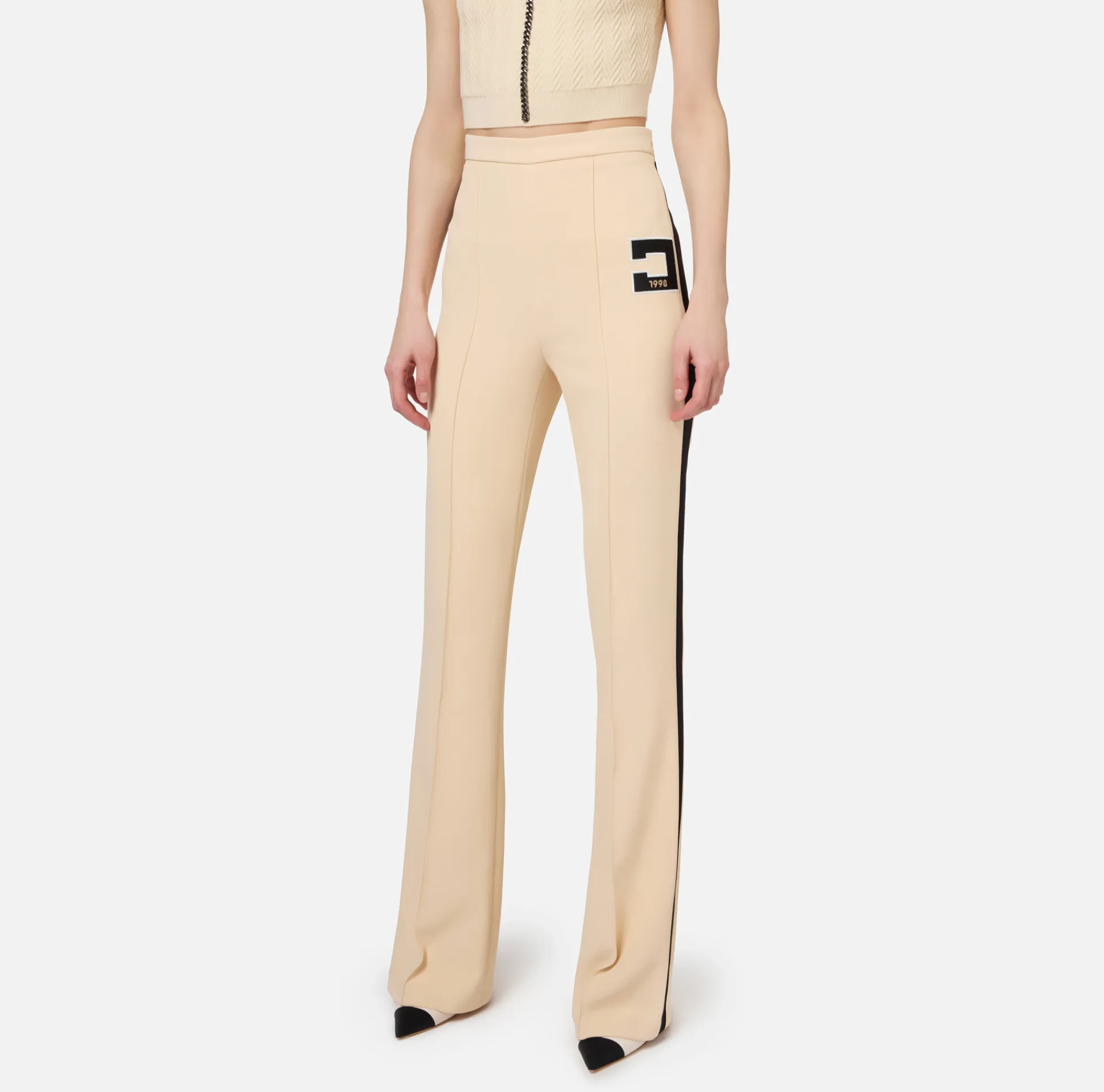 Elisabetta Franchi Trousers And Shorts|Stretch crêpe straight trousers with bands and logo embroidery