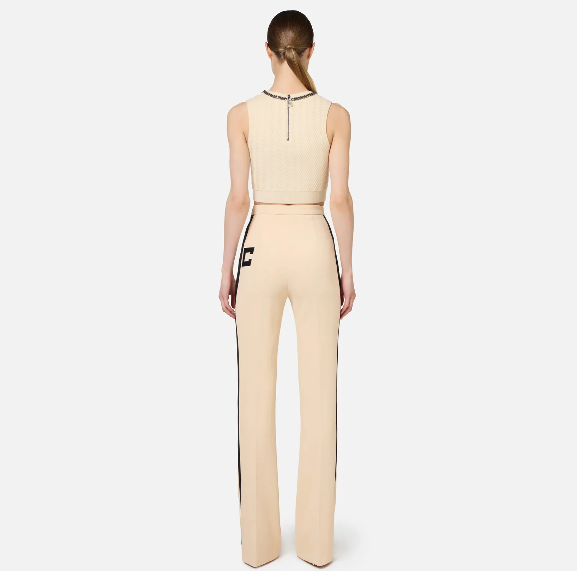 Elisabetta Franchi Trousers And Shorts|Stretch crêpe straight trousers with bands and logo embroidery