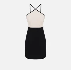Elisabetta Franchi Mini Dresses|Dresses|Stretch crêpe two-tone mini-dress with logoed elastic Butter/Black