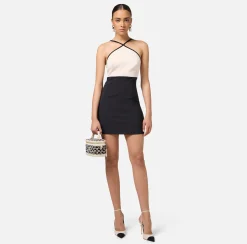 Elisabetta Franchi Mini Dresses|Dresses|Stretch crêpe two-tone mini-dress with logoed elastic Butter/Black