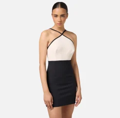 Elisabetta Franchi Mini Dresses|Dresses|Stretch crêpe two-tone mini-dress with logoed elastic Butter/Black