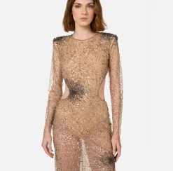 Elisabetta Franchi Red Carpet Dresses|Red Carpet|Stretch tulle red carpet dress embroidered with fireworks-effect sequins
